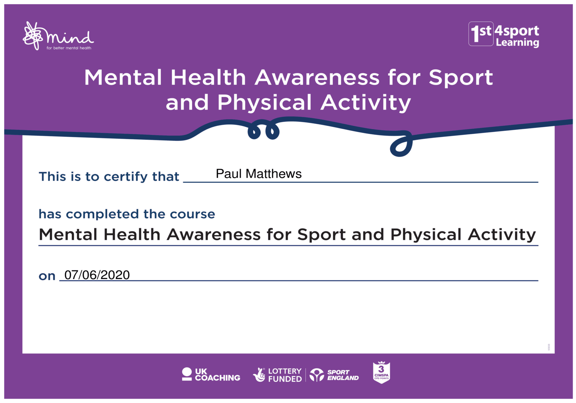Mental Health Awareness for Sport and Physical Activity Course Passed